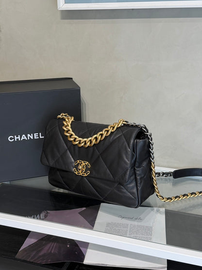 CHANEL 19 Bag 菱格紋羊皮手提肩背包 30 - 黑金28開