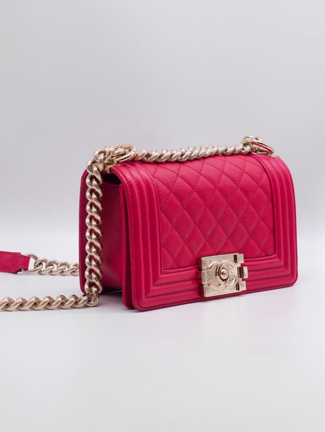 CHANEL Boy20 粒面牛皮口蓋包 - 桃紅金23開
