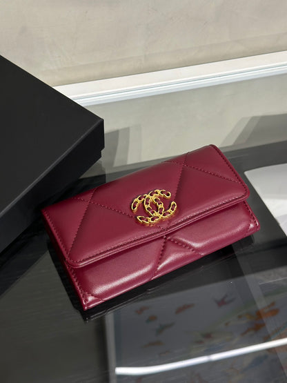 CHANEL 19 菱格紋雙折中夾 - 酒紅金