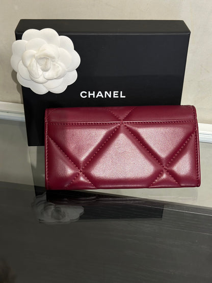 CHANEL 19 菱格紋雙折中夾 - 酒紅金