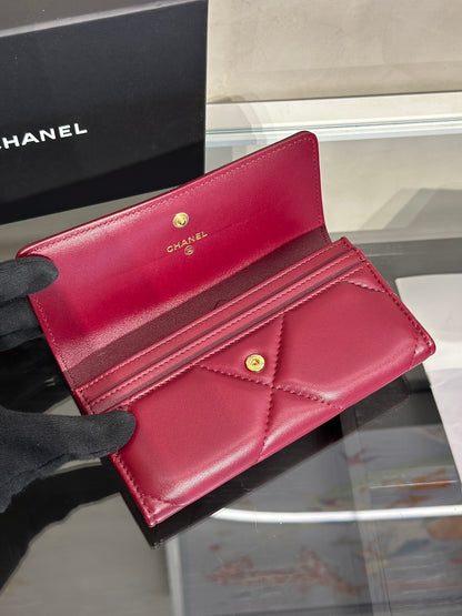 CHANEL 19 菱格紋雙折中夾 - 酒紅金