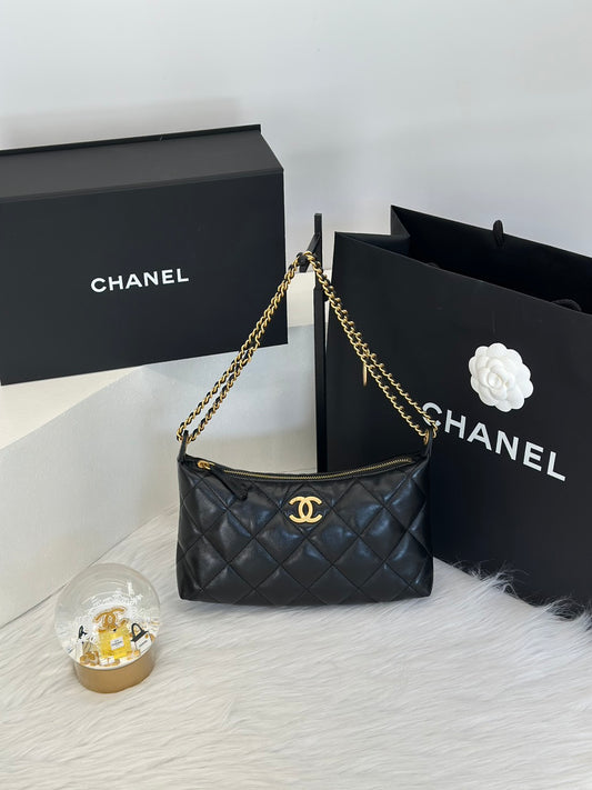 CHANEL 25S皮穿鍊單肩包 - 黑金