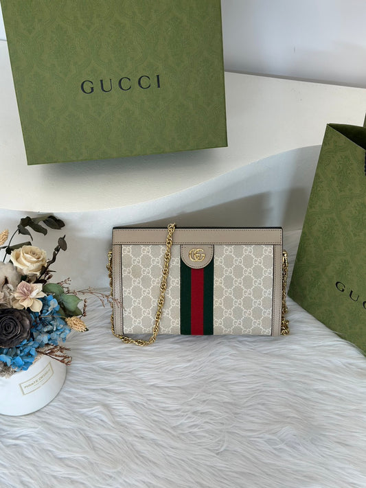 GUCCI Ophidia紅綠織帶夾子包- 中號米