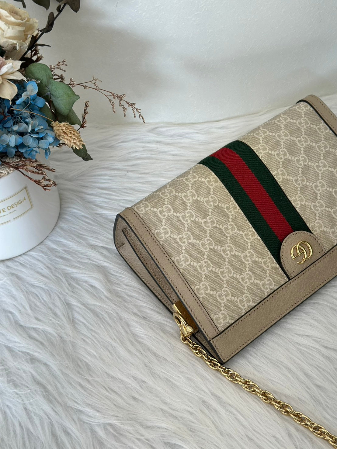 GUCCI Ophidia紅綠織帶夾子包- 中號米