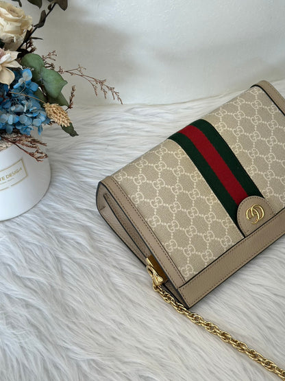 GUCCI Ophidia紅綠織帶夾子包- 中號米