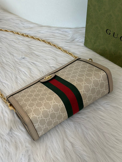 GUCCI Ophidia紅綠織帶夾子包- 中號米