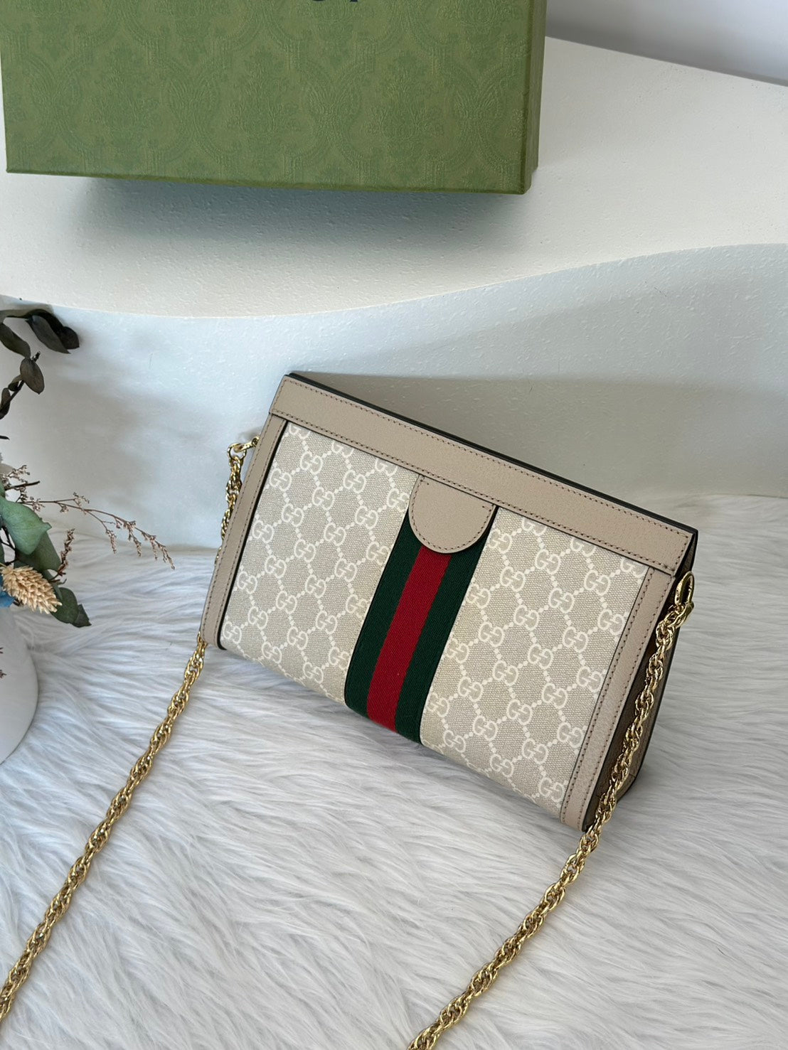 GUCCI Ophidia紅綠織帶夾子包- 中號米
