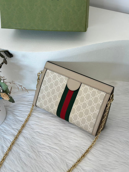 GUCCI Ophidia紅綠織帶夾子包- 中號米