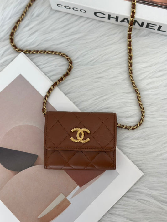 CHANEL 23A雙層小鍊包 - 焦糖棕金