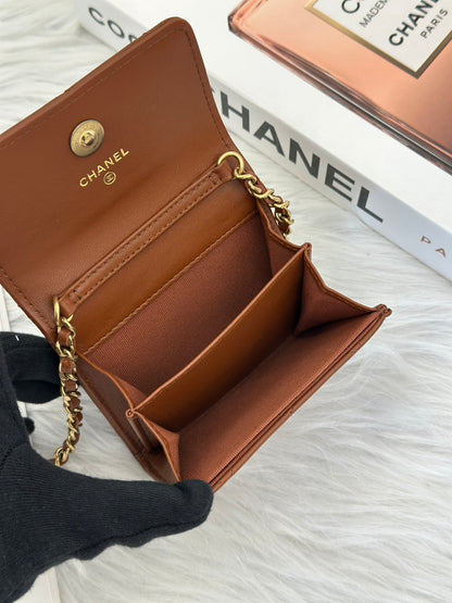CHANEL 23A雙層小鍊包 - 焦糖棕金
