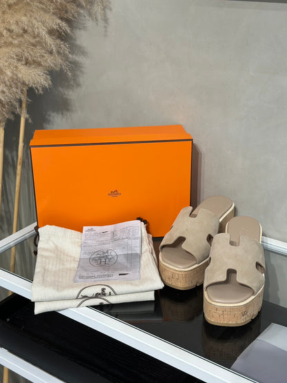 HERMES Eze 30厚底楔型拖鞋 - 駝色 39