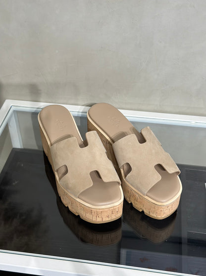 HERMES Eze 30厚底楔型拖鞋 - 駝色 39