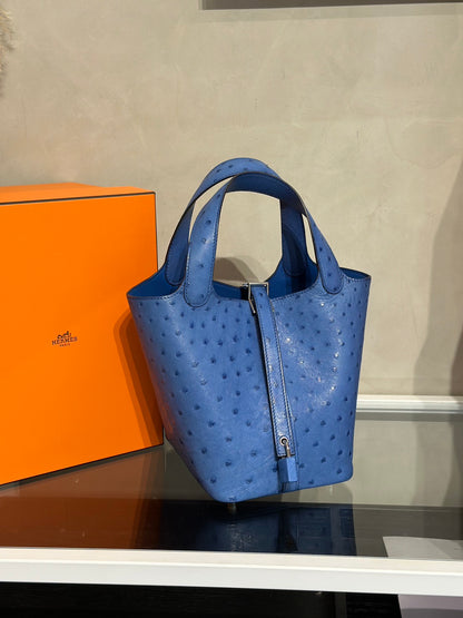 HERMES Picotin 18 - Mykonos 7Q 鴕鳥皮希臘藍 Y