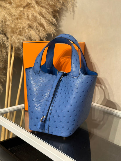 HERMES Picotin 18 - Mykonos 7Q 鴕鳥皮希臘藍 Y