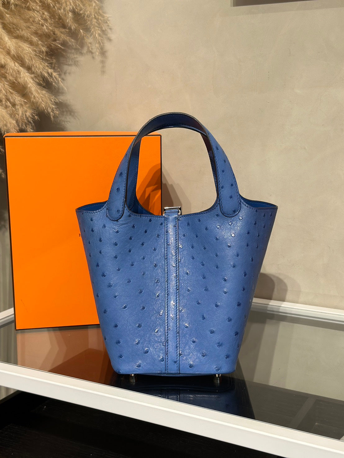 HERMES Picotin 18 - Mykonos 7Q 鴕鳥皮希臘藍 Y