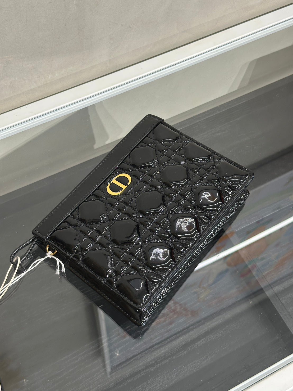 DIOR Caro藤格紋漆皮斜背包 - 黑金