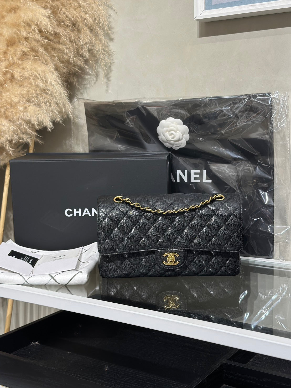 CHANEL 經典口蓋包 CF25 - 粒面牛皮黑金30開
