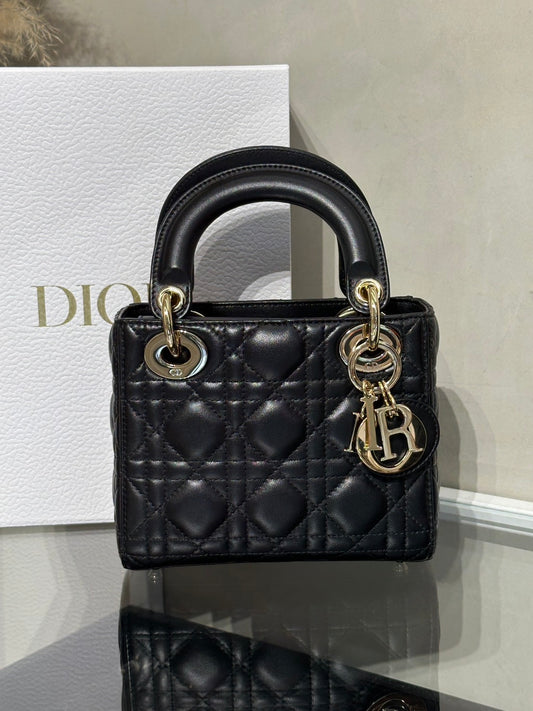 DIOR Lady Dior藤格紋戴妃包 - 迷你黑金