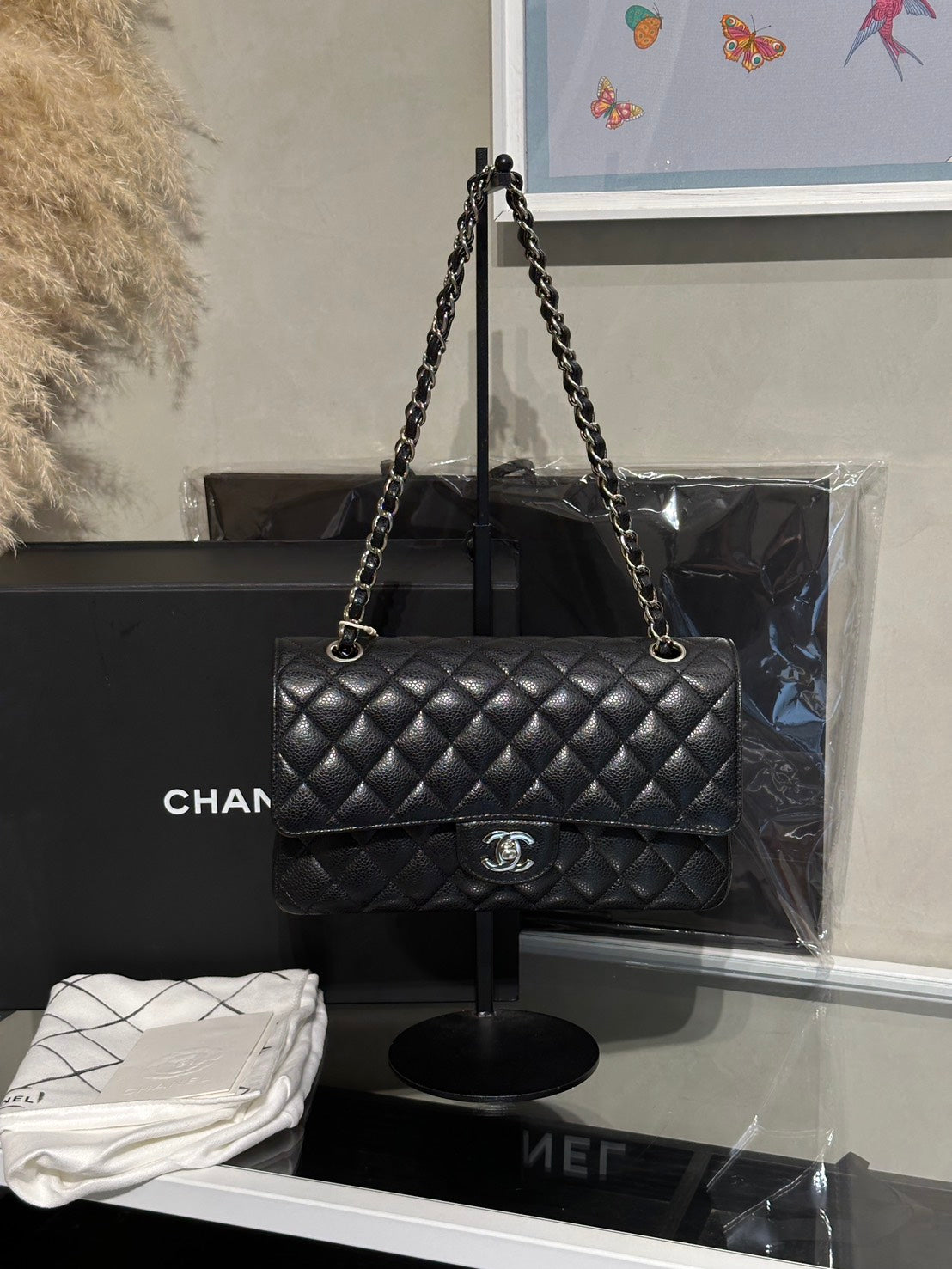 CHANEL 經典口蓋包 CF25 - 粒面牛皮黑銀30開