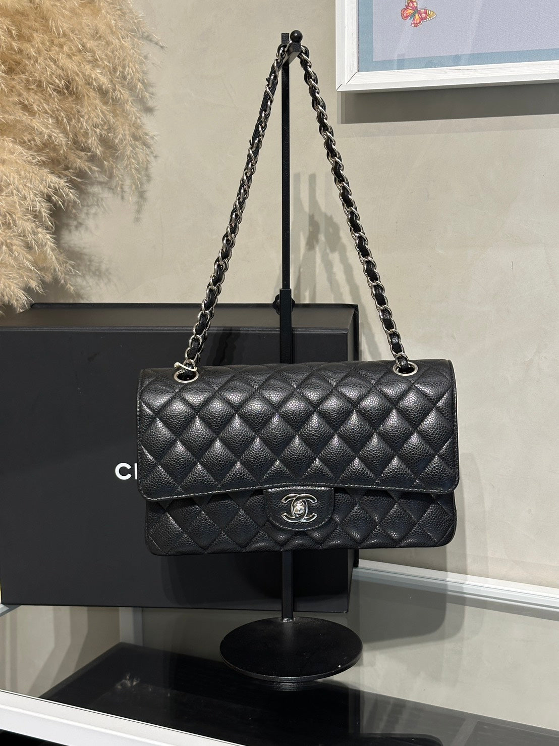 CHANEL 經典口蓋包 CF25 - 粒面牛皮黑銀30開