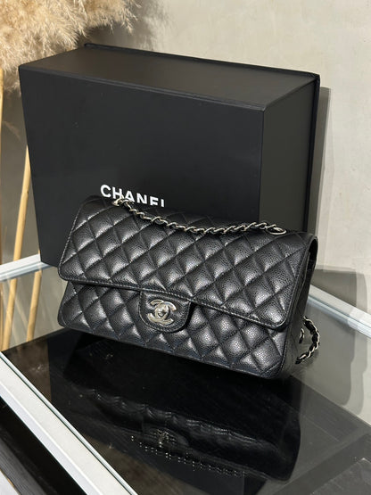 CHANEL 經典口蓋包 CF25 - 粒面牛皮黑銀30開