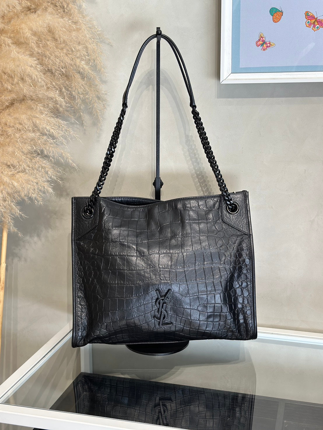 YSL Niki Tote鱷魚壓紋 - 中號So Black