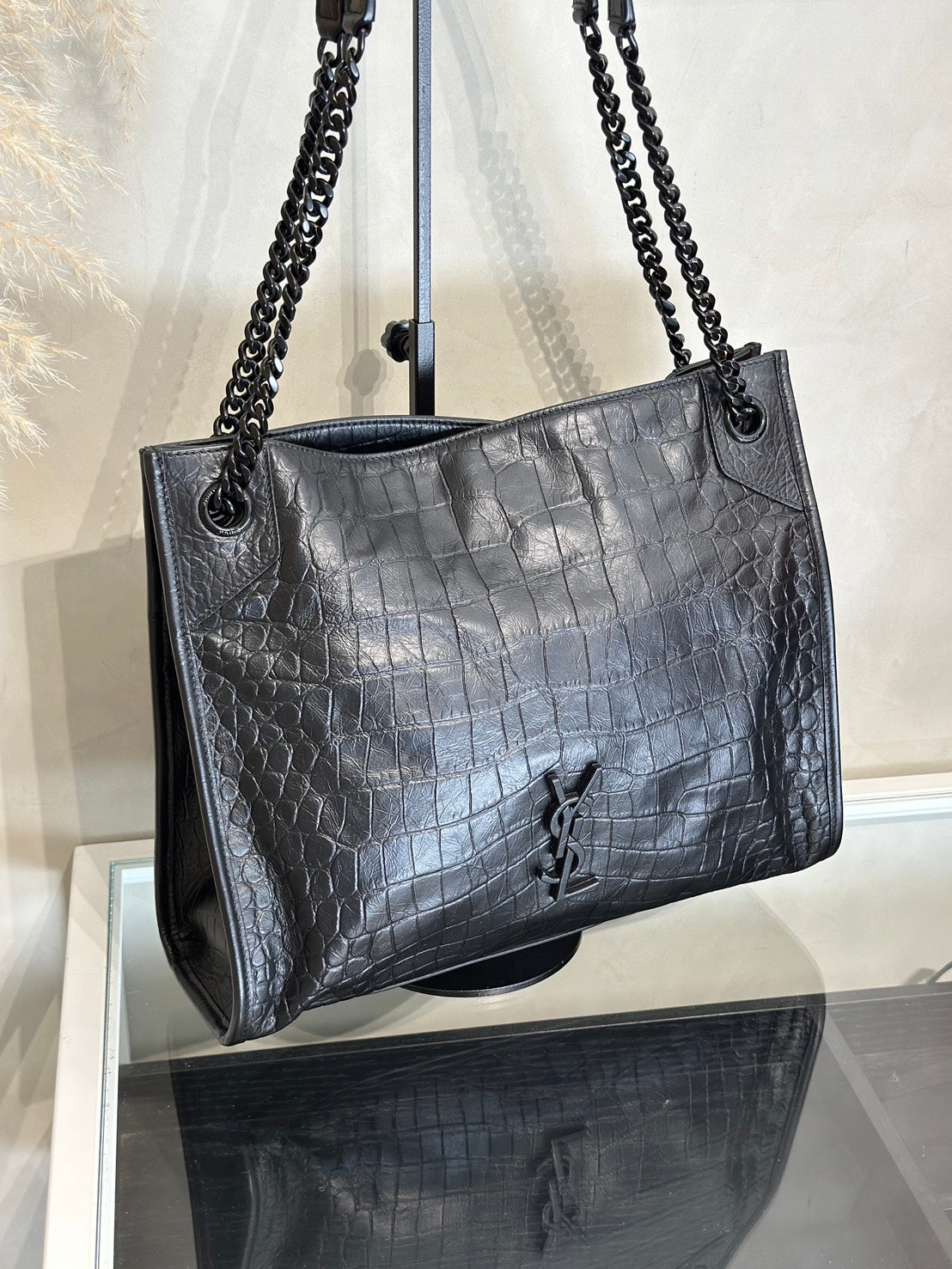 YSL Niki Tote鱷魚壓紋 - 中號So Black