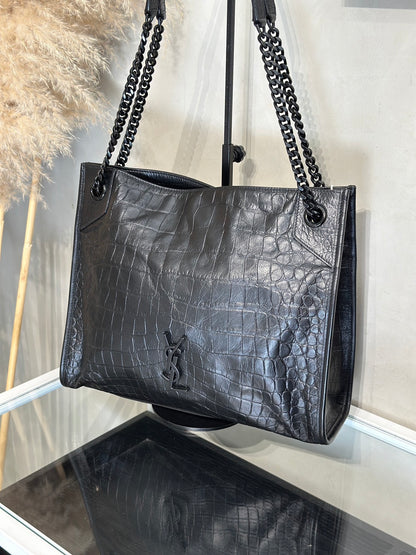 YSL Niki Tote鱷魚壓紋 - 中號So Black