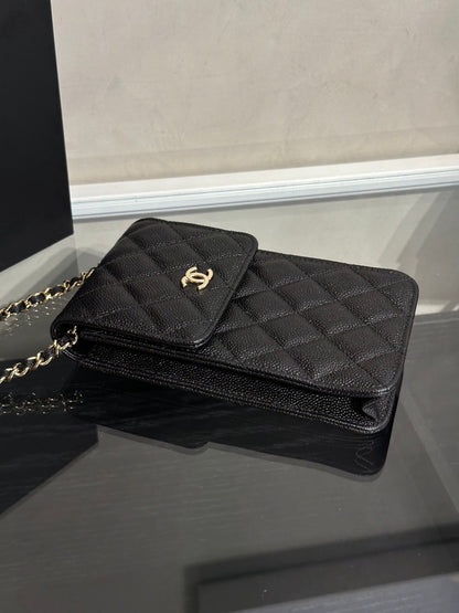 CHANEL 蝴蝶結皮穿鍊手機包 - 黑金