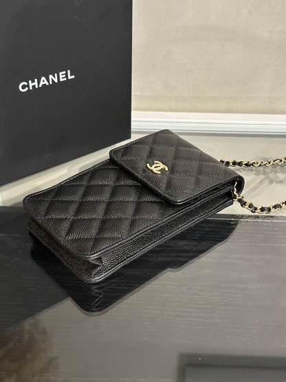 CHANEL 蝴蝶結皮穿鍊手機包 - 黑金