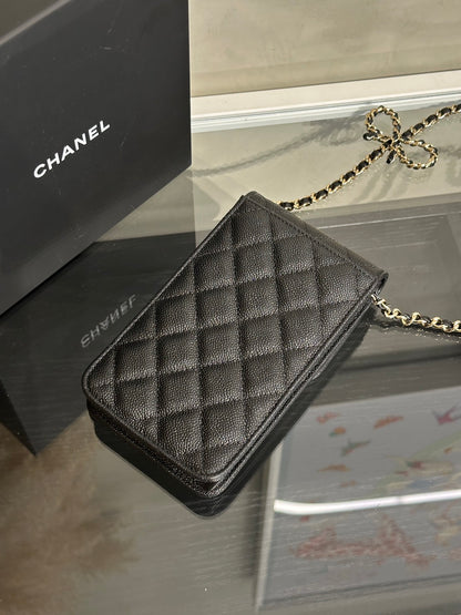 CHANEL 蝴蝶結皮穿鍊手機包 - 黑金