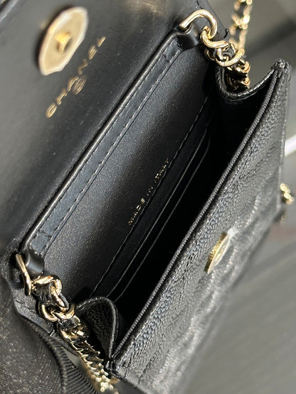 CHANEL 蝴蝶結皮穿鍊手機包 - 黑金