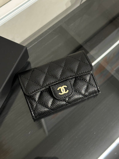 CHANEL 經典粒面牛皮口蓋卡包 - 黑金