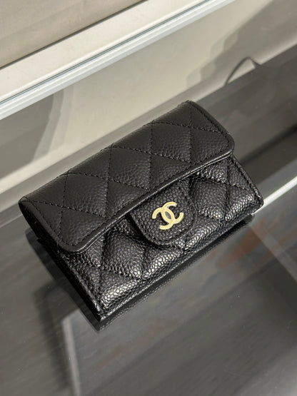 CHANEL 經典粒面牛皮口蓋卡包 - 黑金
