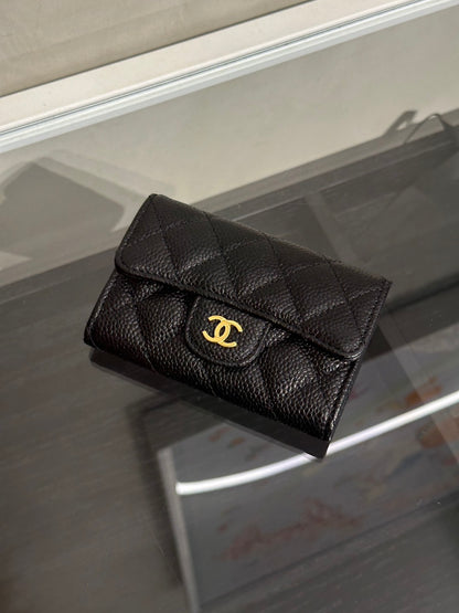 CHANEL 經典粒面牛皮口蓋卡包 - 黑金