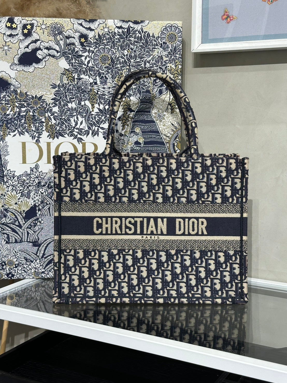 DIOR 經典老花刺繡Tote - 中號深藍