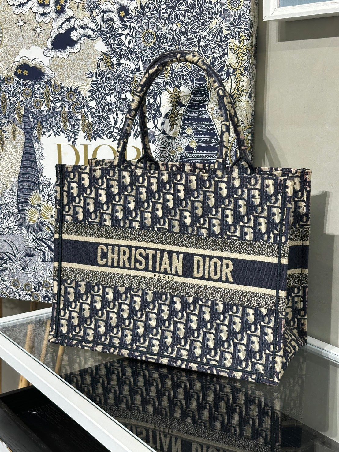 DIOR 經典老花刺繡Tote - 中號深藍