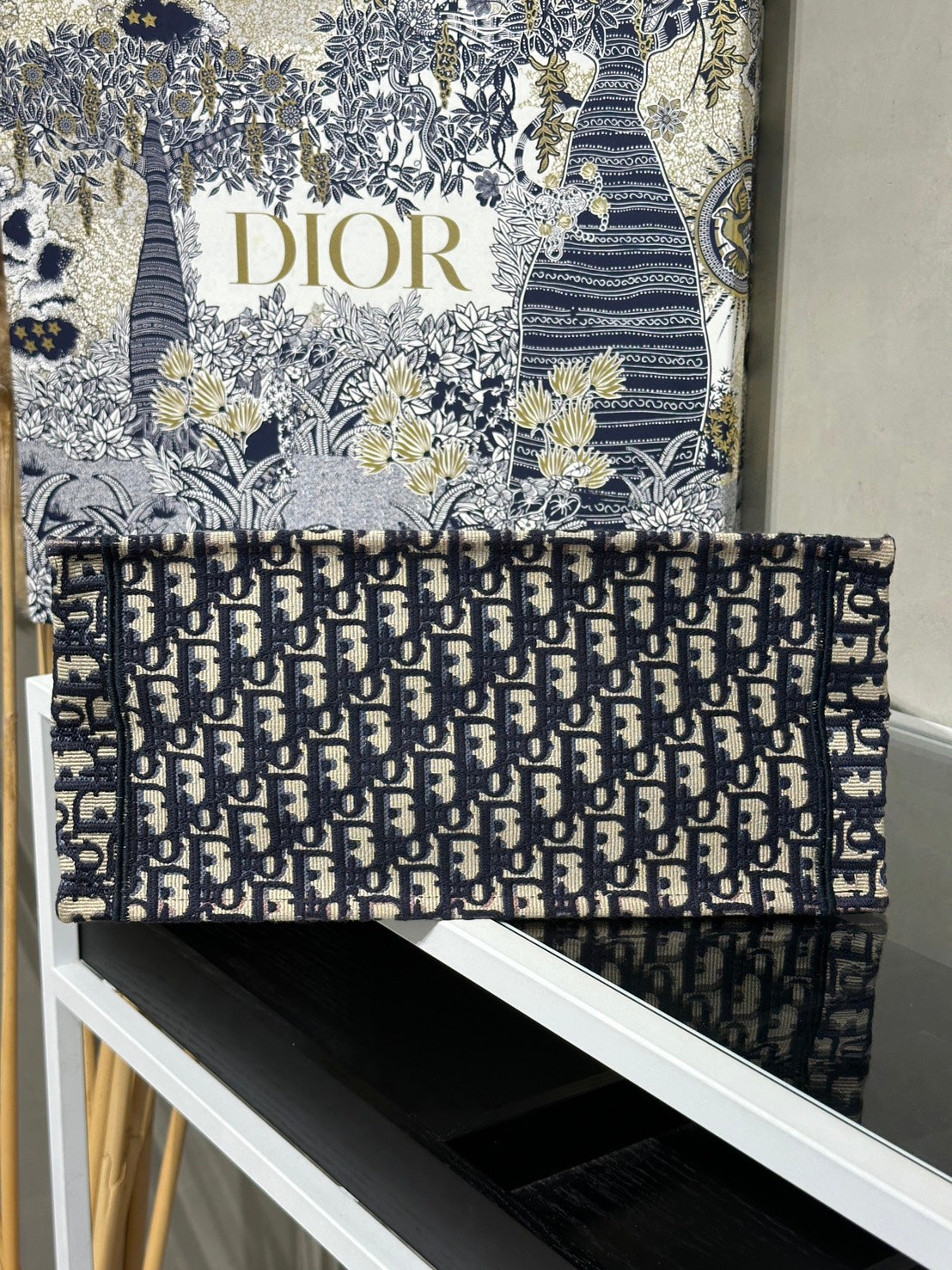 DIOR 經典老花刺繡Tote - 中號深藍