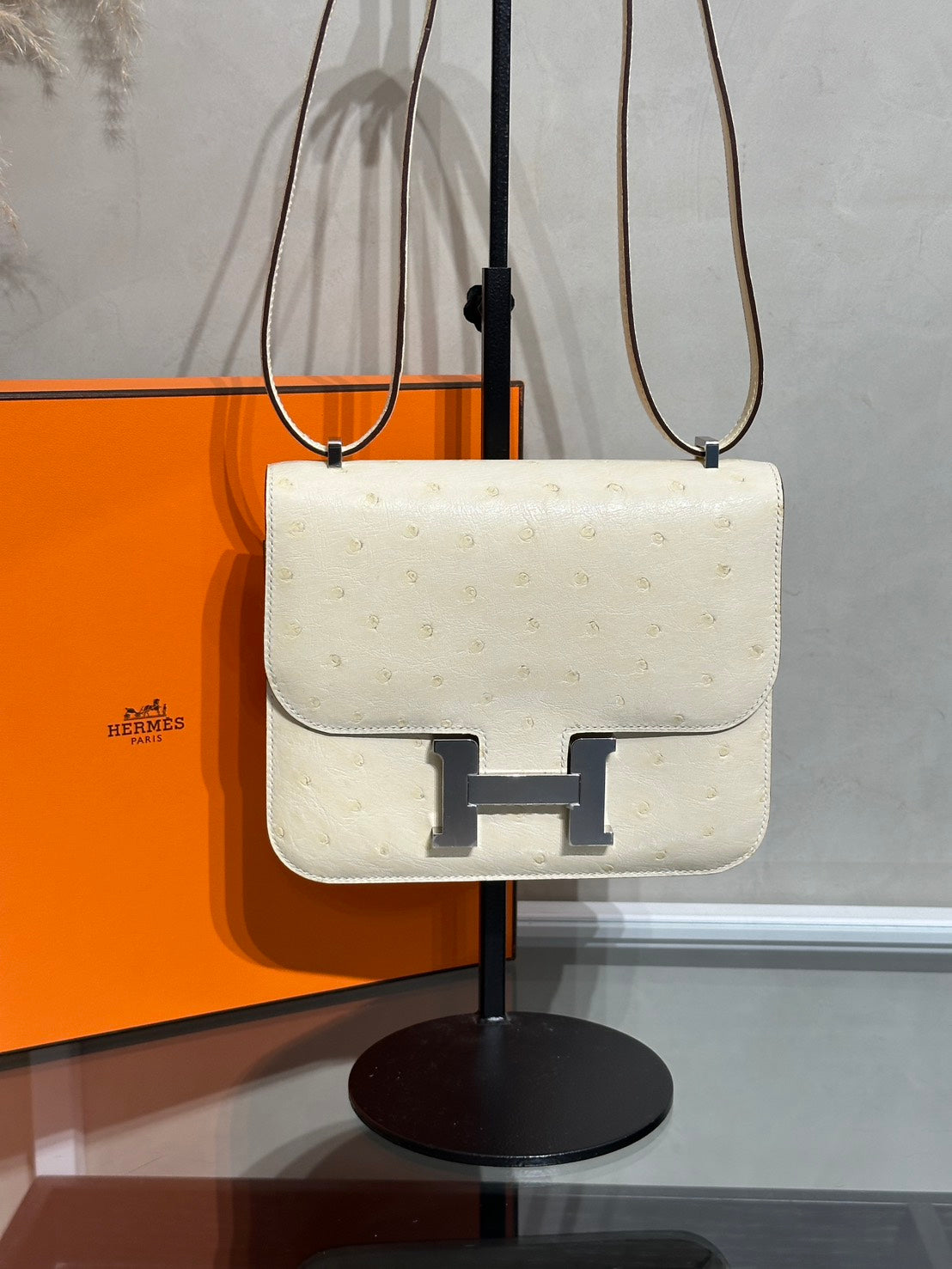 HERMES Mini Constance 19 - Craie 10 鴕鳥皮奶昔白銀 B