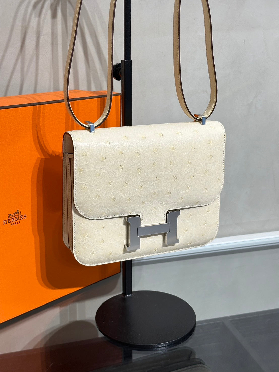HERMES Mini Constance 19 - Craie 10 鴕鳥皮奶昔白銀 B