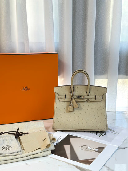 HERMES Birkin 25 - 鴕鳥皮羊毛白銀 🄾