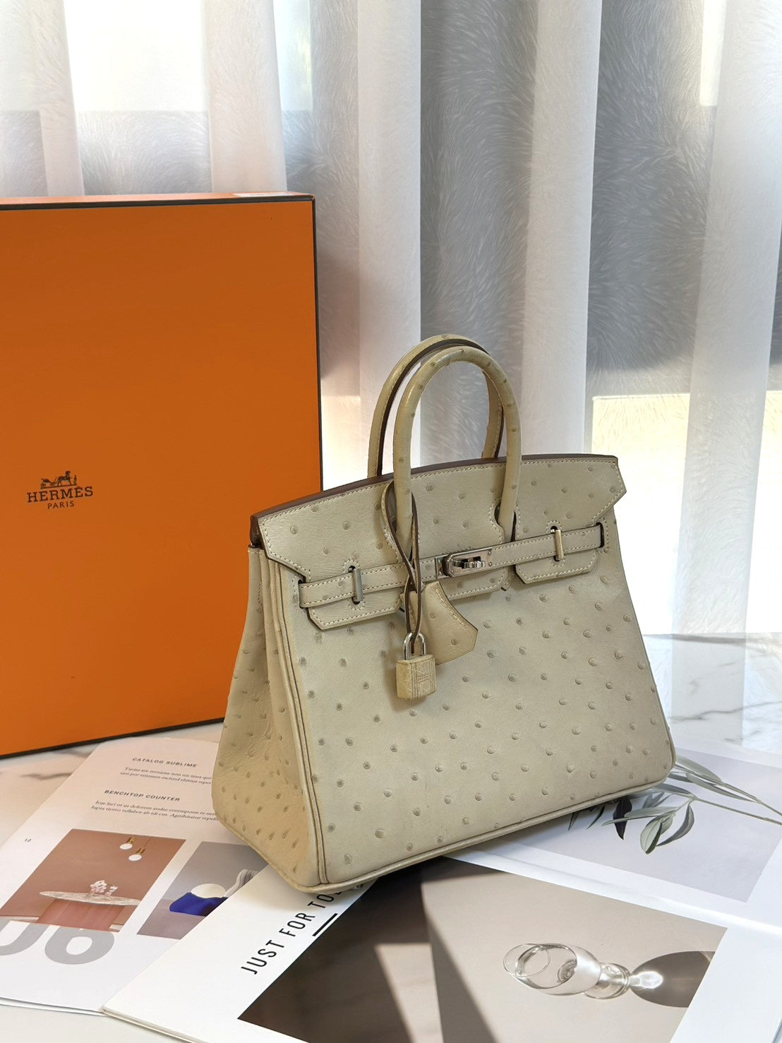 HERMES Birkin 25 - 鴕鳥皮羊毛白銀 🄾
