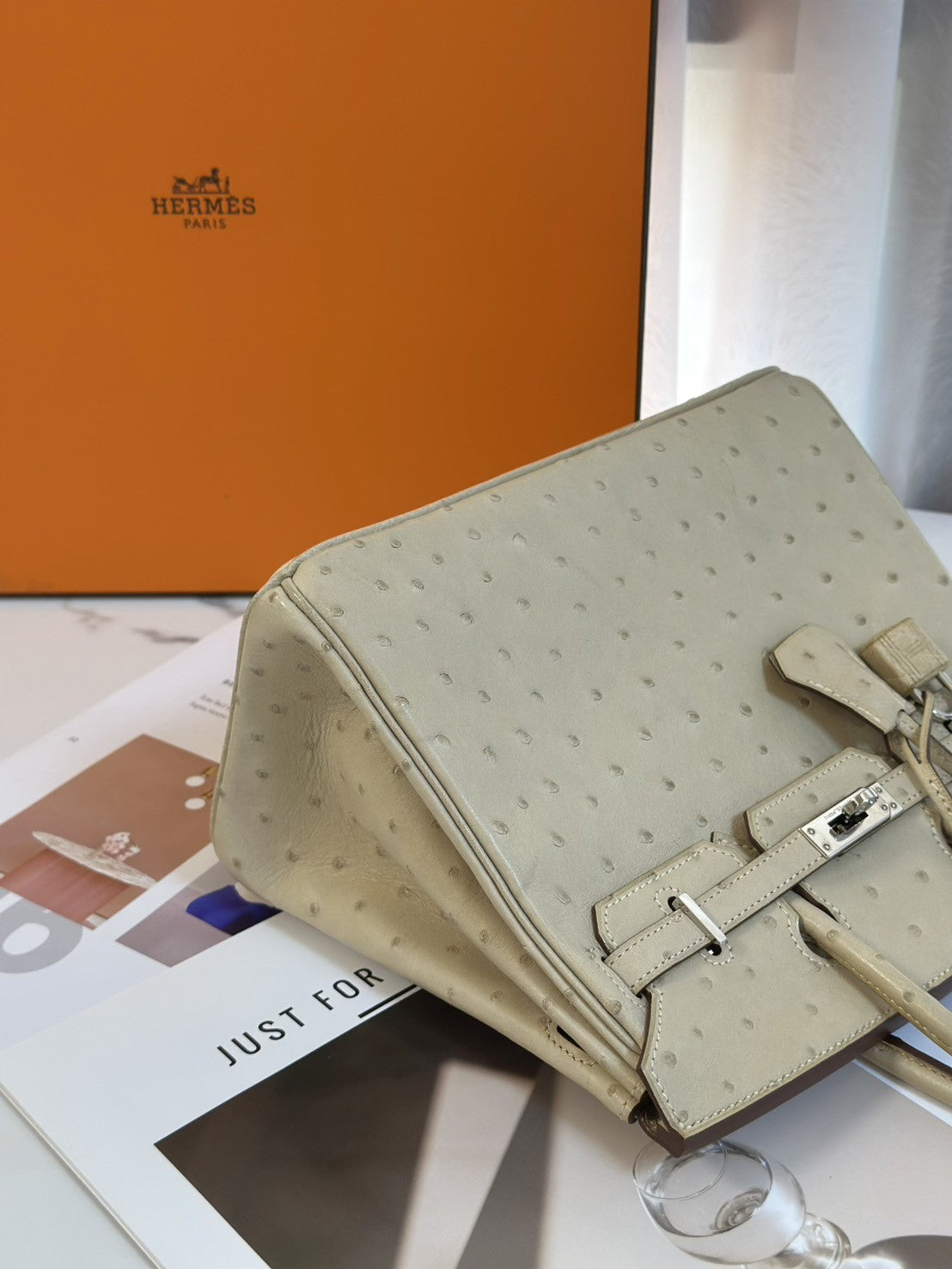 HERMES Birkin 25 - 鴕鳥皮羊毛白銀 🄾