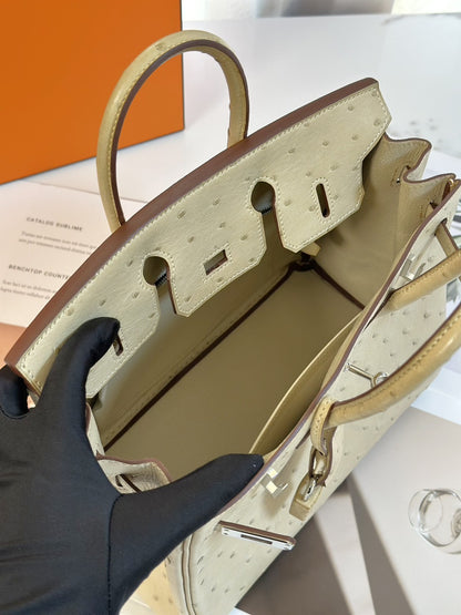 HERMES Birkin 25 - 鴕鳥皮羊毛白銀 🄾