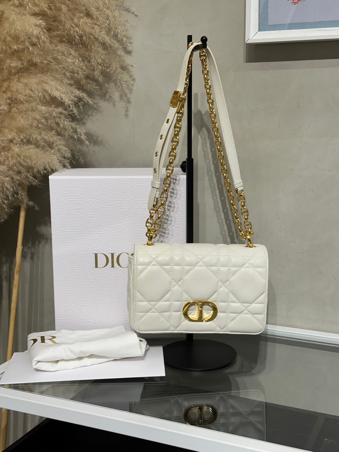 DIOR Caro藤格紋斜背包 - 小號白金