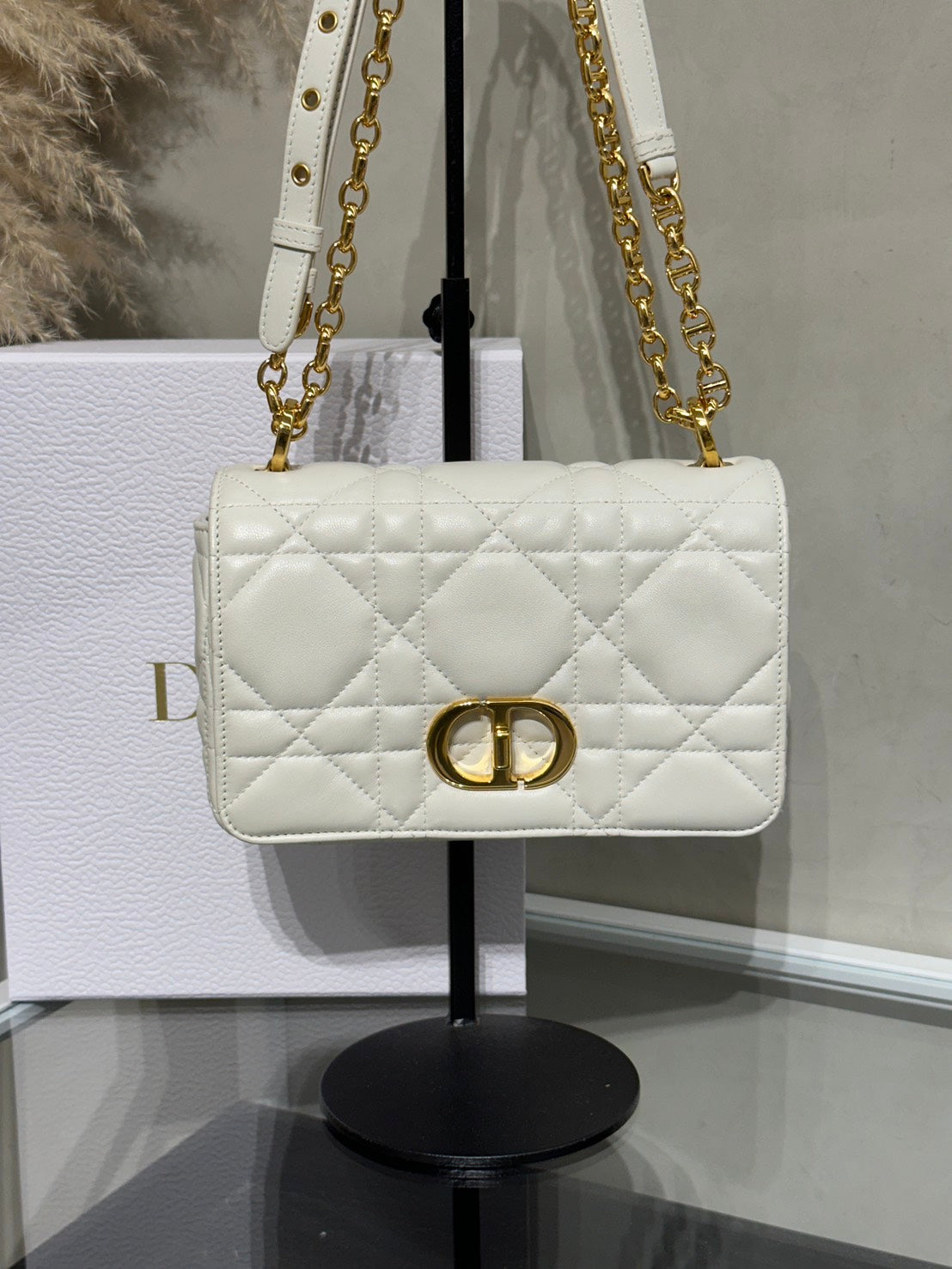DIOR Caro藤格紋斜背包 - 小號白金