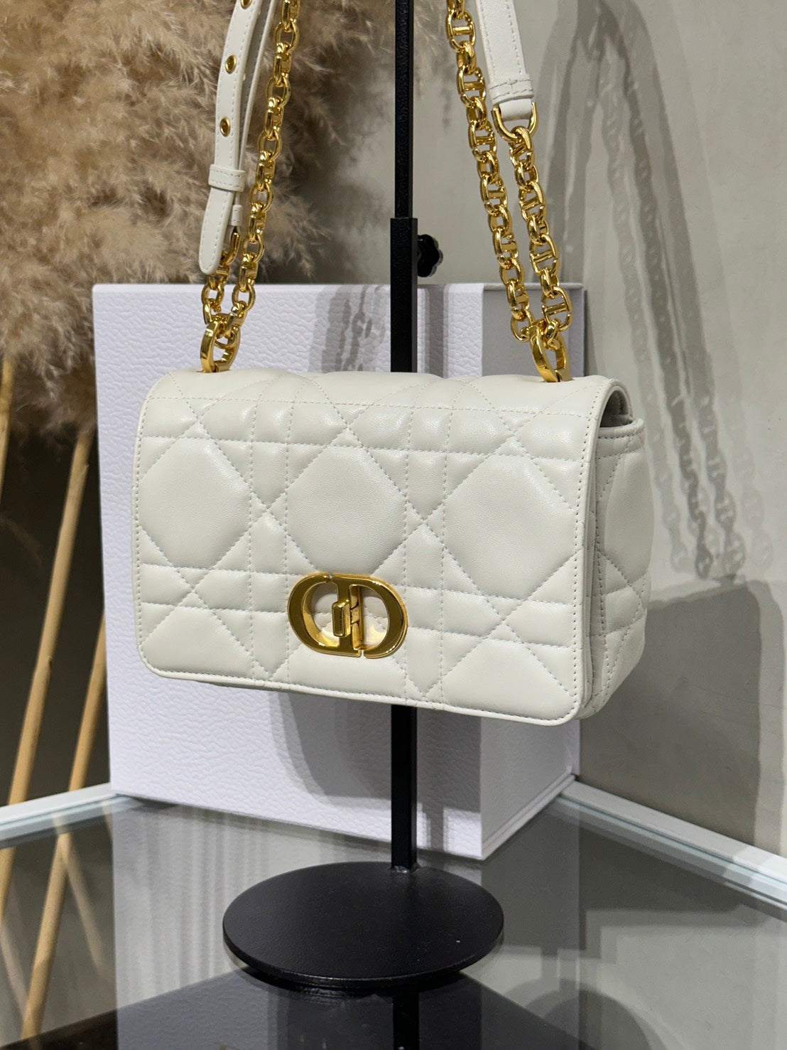 DIOR Caro藤格紋斜背包 - 小號白金