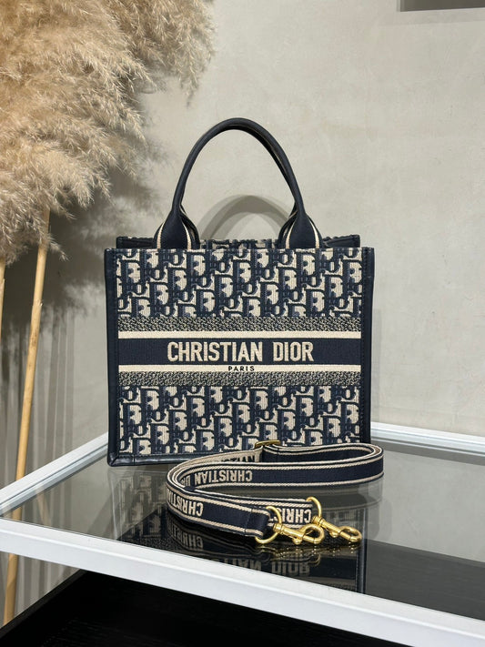 DIOR 刺繡老花背帶款Tote - 小號深藍