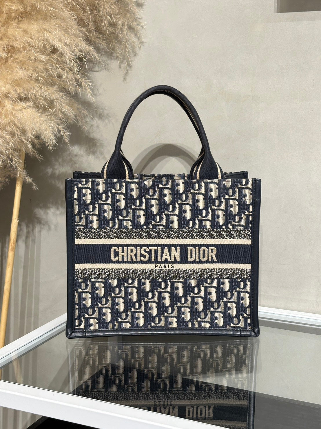 DIOR 刺繡老花背帶款Tote - 小號深藍