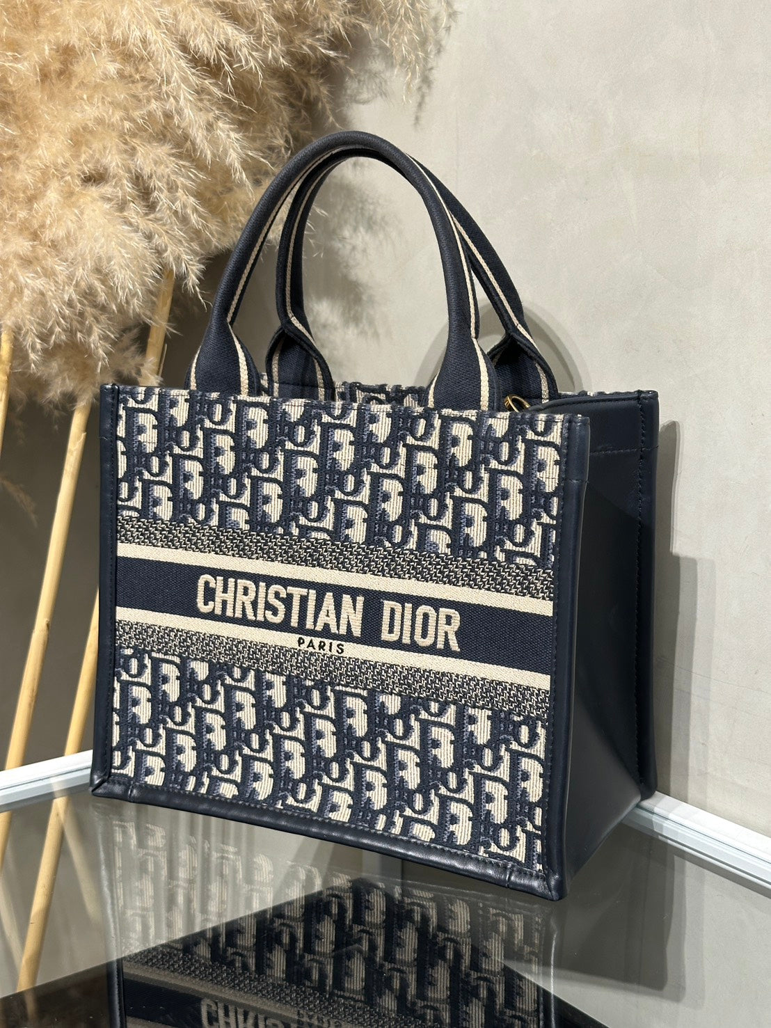 DIOR 刺繡老花背帶款Tote - 小號深藍